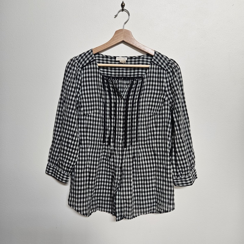 Anthropologie Meadow Rue Womens Sz 8 Blouse Black White Check 3/4 Sleeve Cotton